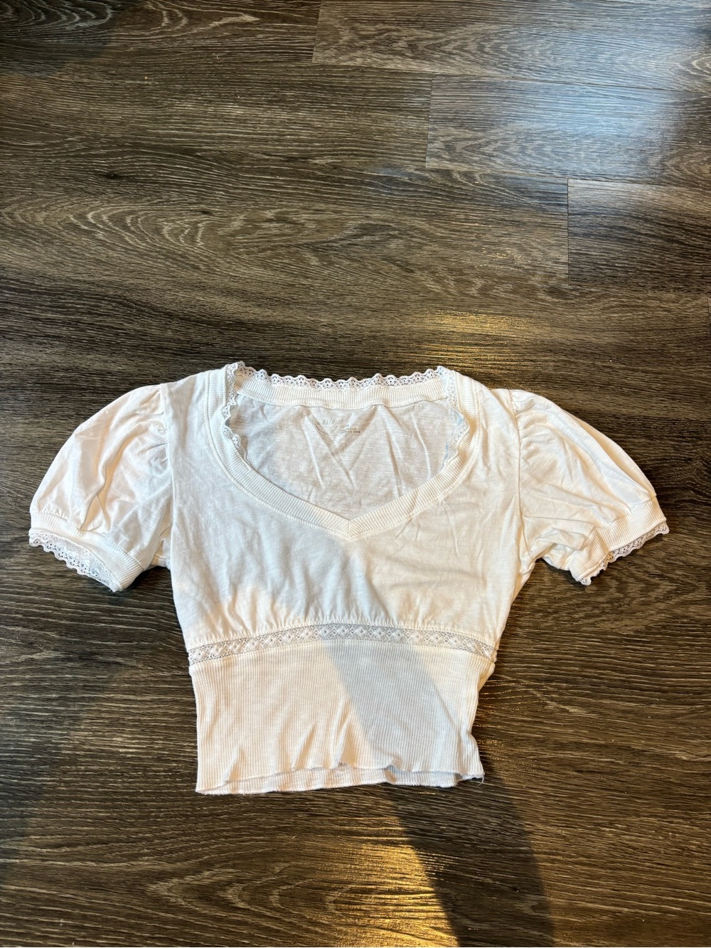 aerie White Lace-Trim V-Neck Crop Top
